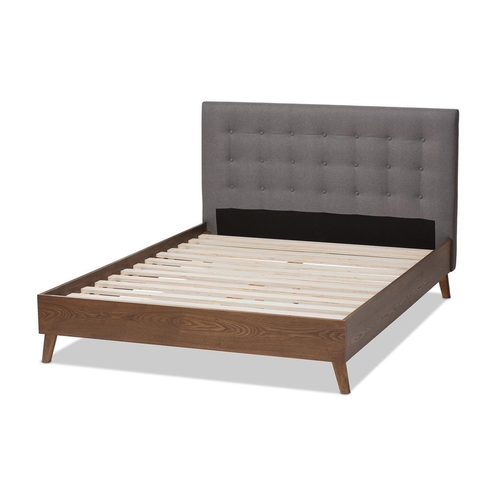 The Bedroom Emporium Baxton studio Alinia Mid-Century Retro Modern Grey Fabric Upholstered Walnut Wood Queen Size Platform Bed