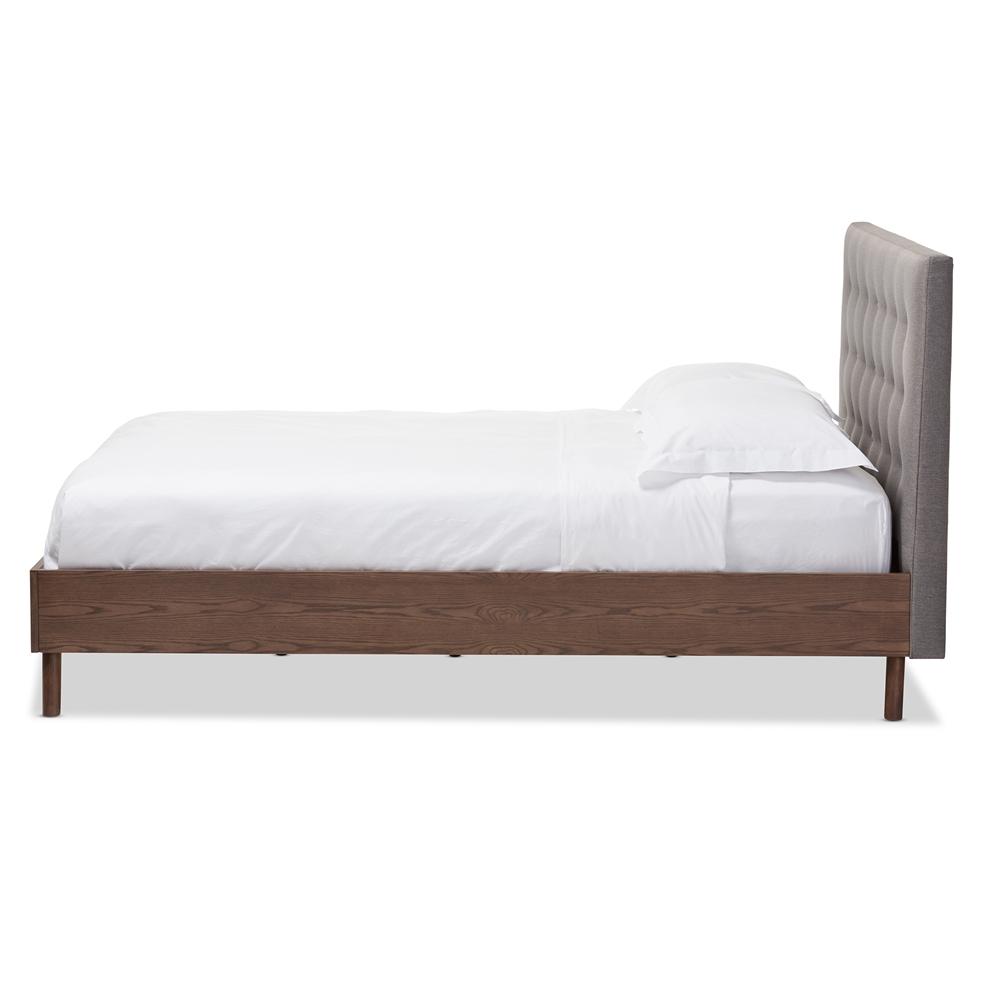 The Bedroom Emporium Baxton studio Alinia Mid-Century Retro Modern Grey Fabric Upholstered Walnut Wood Queen Size Platform Bed