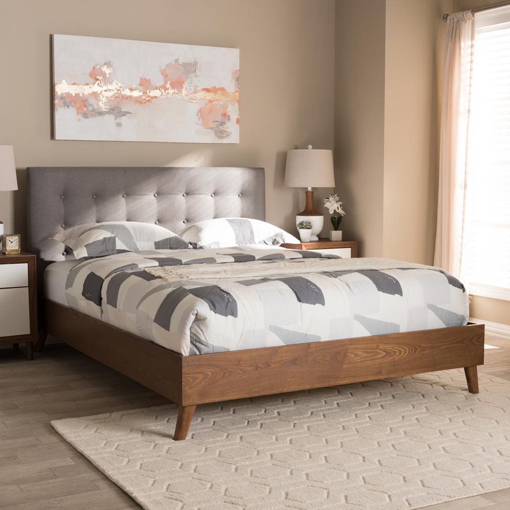 The Bedroom Emporium Baxton studio Alinia Mid-Century Retro Modern Grey Fabric Upholstered Walnut Wood Queen Size Platform Bed