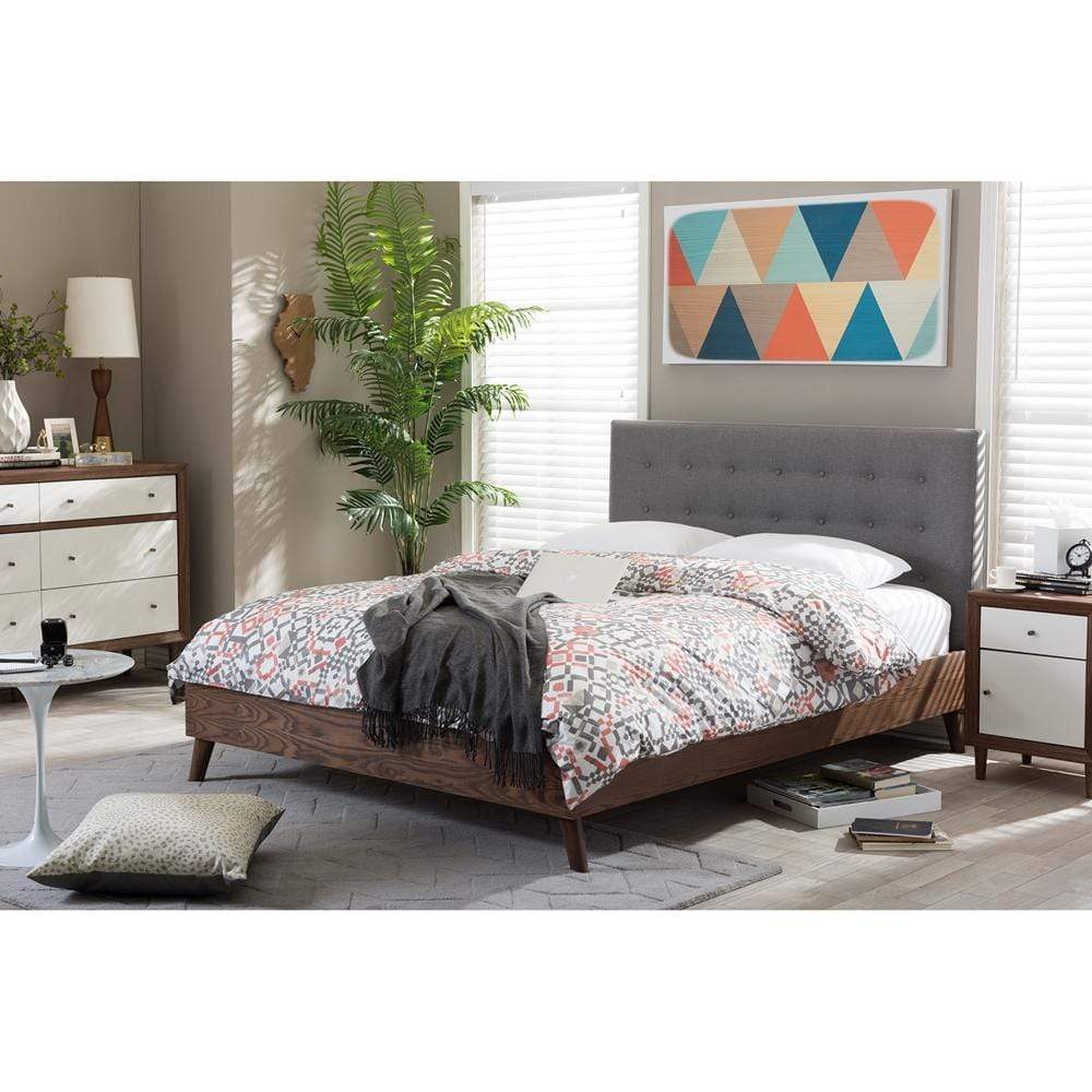 The Bedroom Emporium Baxton studio Alinia Mid-Century Retro Modern Grey Fabric Upholstered Walnut Wood Queen Size Platform Bed