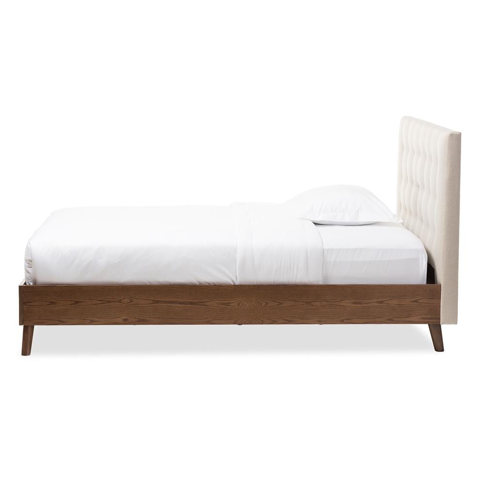 Baxton Studios Bed Baxton Studio Alinia Mid-Century Retro Modern Light Beige Fabric Upholstered Walnut Wood Queen Size Platform Bed