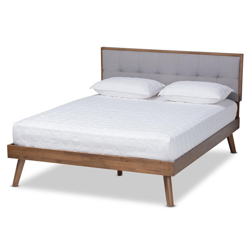 Baxton Studios Beds Light Grey / Queen / Walnut Brown Baxton Studio Alke Mid-Century Modern Fabric Upholstered Wood Platform Bed