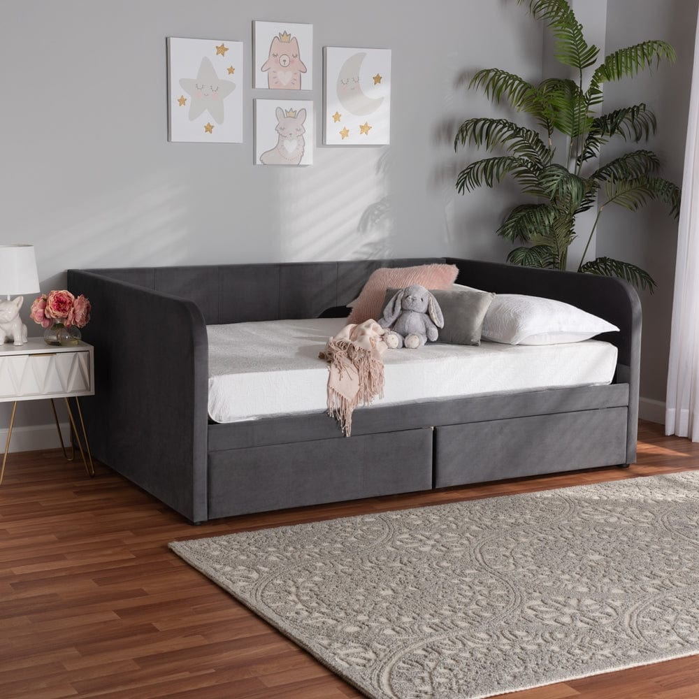 Baxton Studio Baxton Studio Basanti Modern and Contemporary Grey Velvet Fabric Upholstered Full Size 2-Drawer Daybed DV3365D-Grey Velvet Daybed-Full