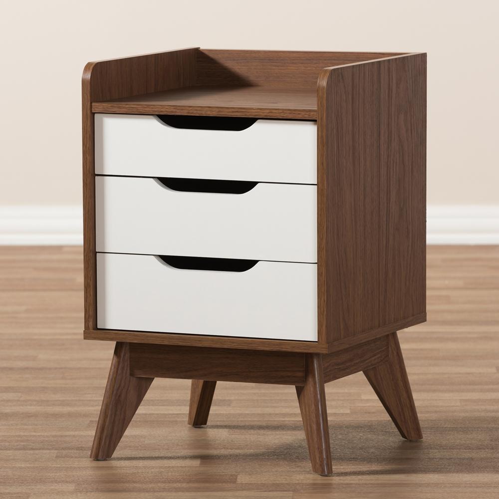 The Bedroom Emporium Baxton Studio Brighton Mid-Cenury Modern White and Walnut Wood 3-Drawer Storage Nightstand