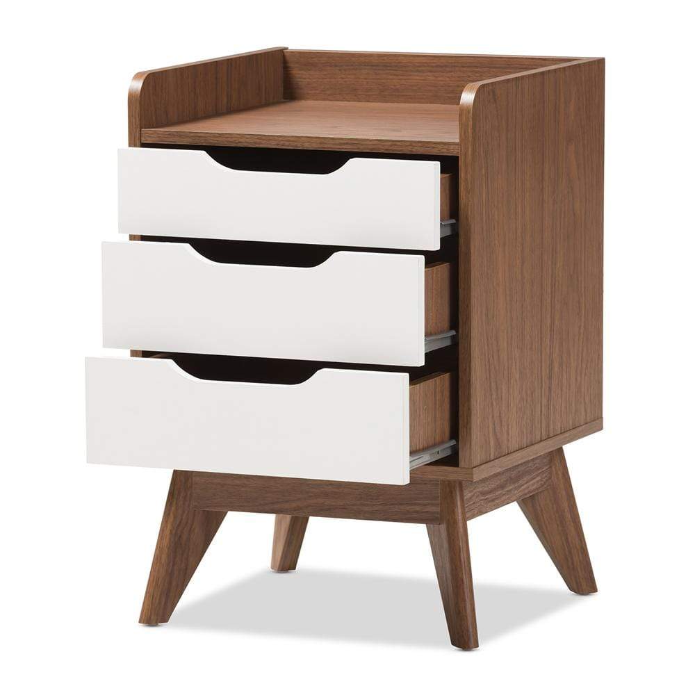 The Bedroom Emporium Baxton Studio Brighton Mid-Cenury Modern White and Walnut Wood 3-Drawer Storage Nightstand