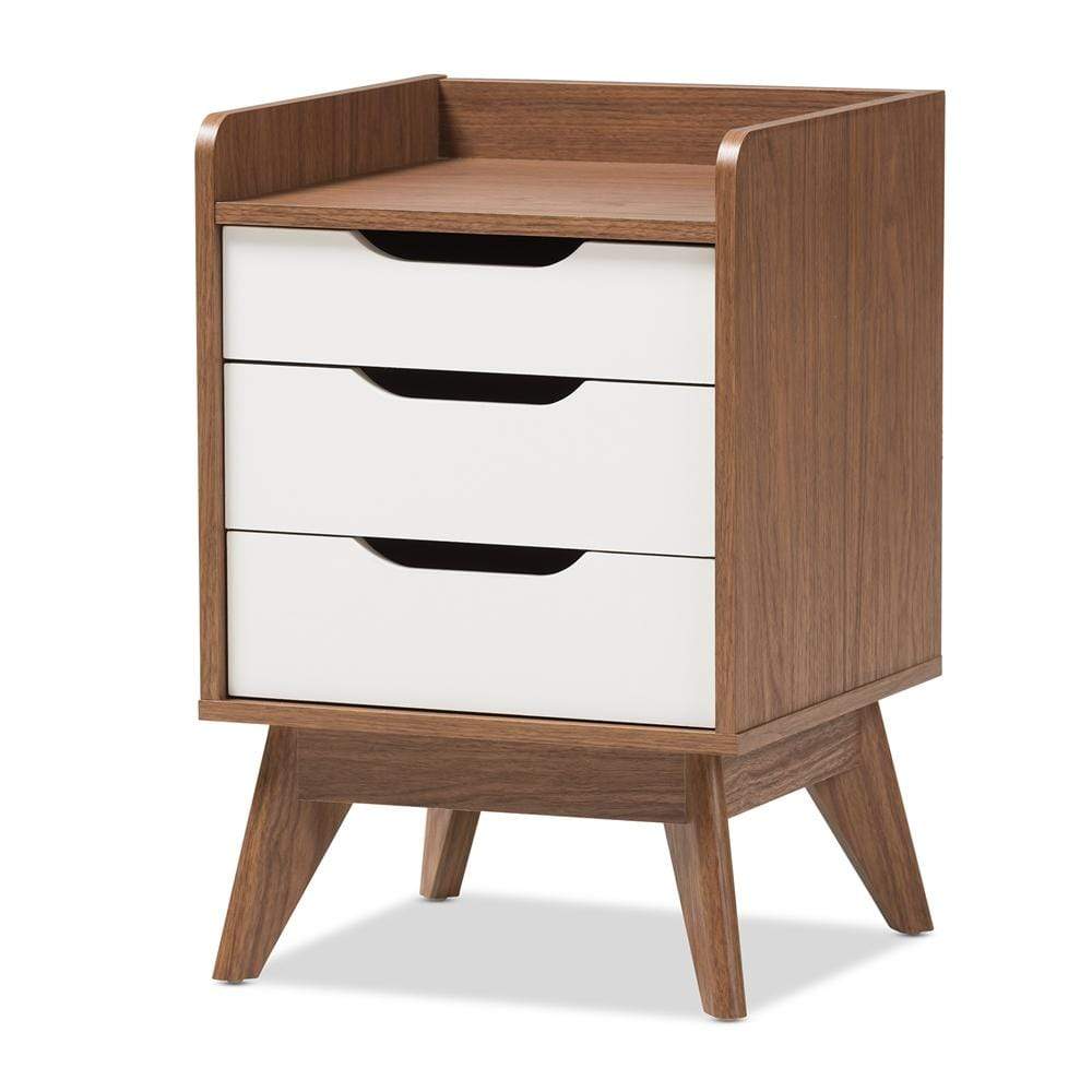 The Bedroom Emporium Baxton Studio Brighton Mid-Cenury Modern White and Walnut Wood 3-Drawer Storage Nightstand