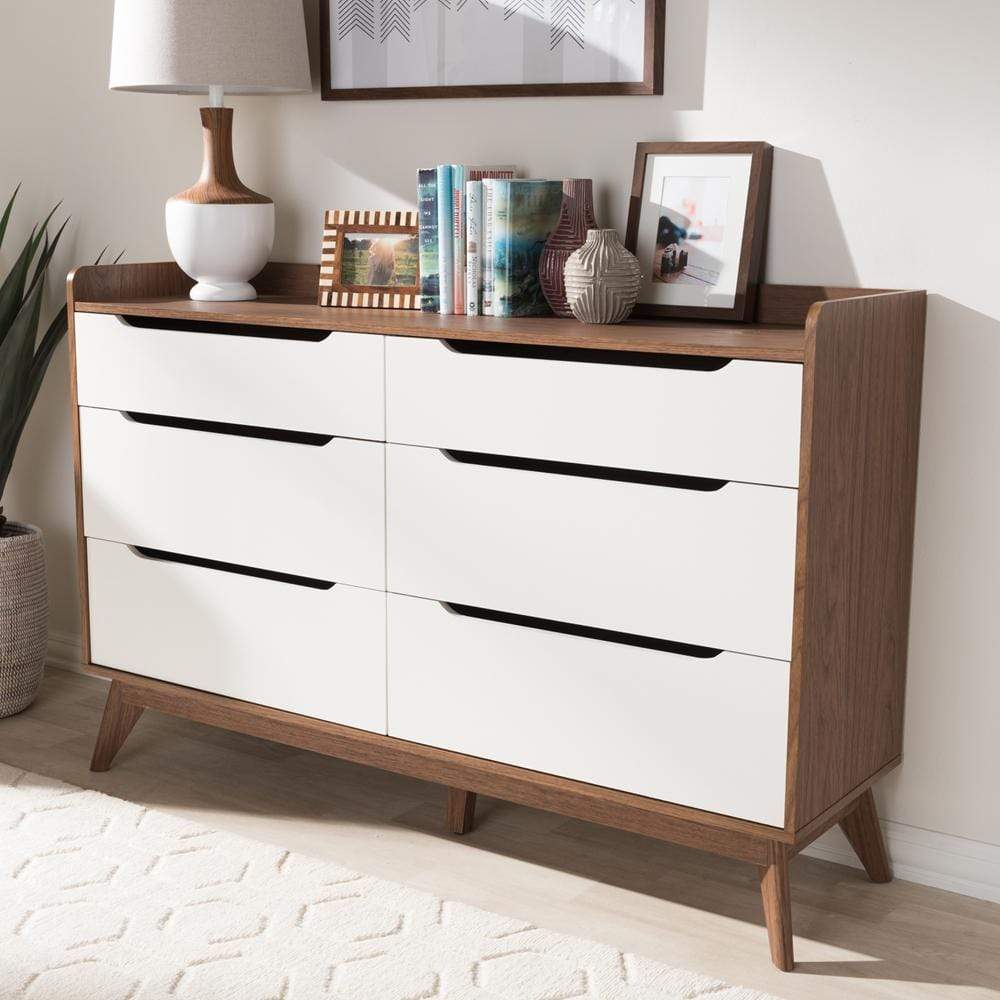 The Bedroom Emporium Baxton Studio Brighton Mid-Century Modern and Walnut Wood 6-Drawer Storage Dresser Brighton-Walnut/White-6DW-Chest