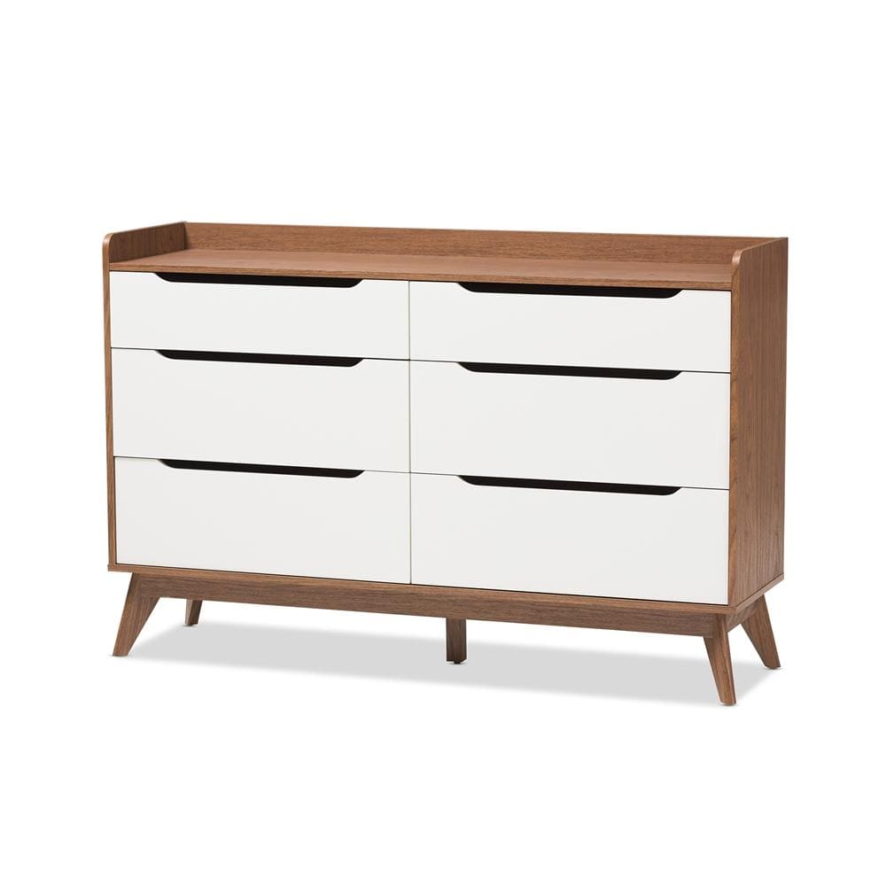 The Bedroom Emporium Baxton Studio Brighton Mid-Century Modern and Walnut Wood 6-Drawer Storage Dresser Brighton-Walnut/White-6DW-Chest