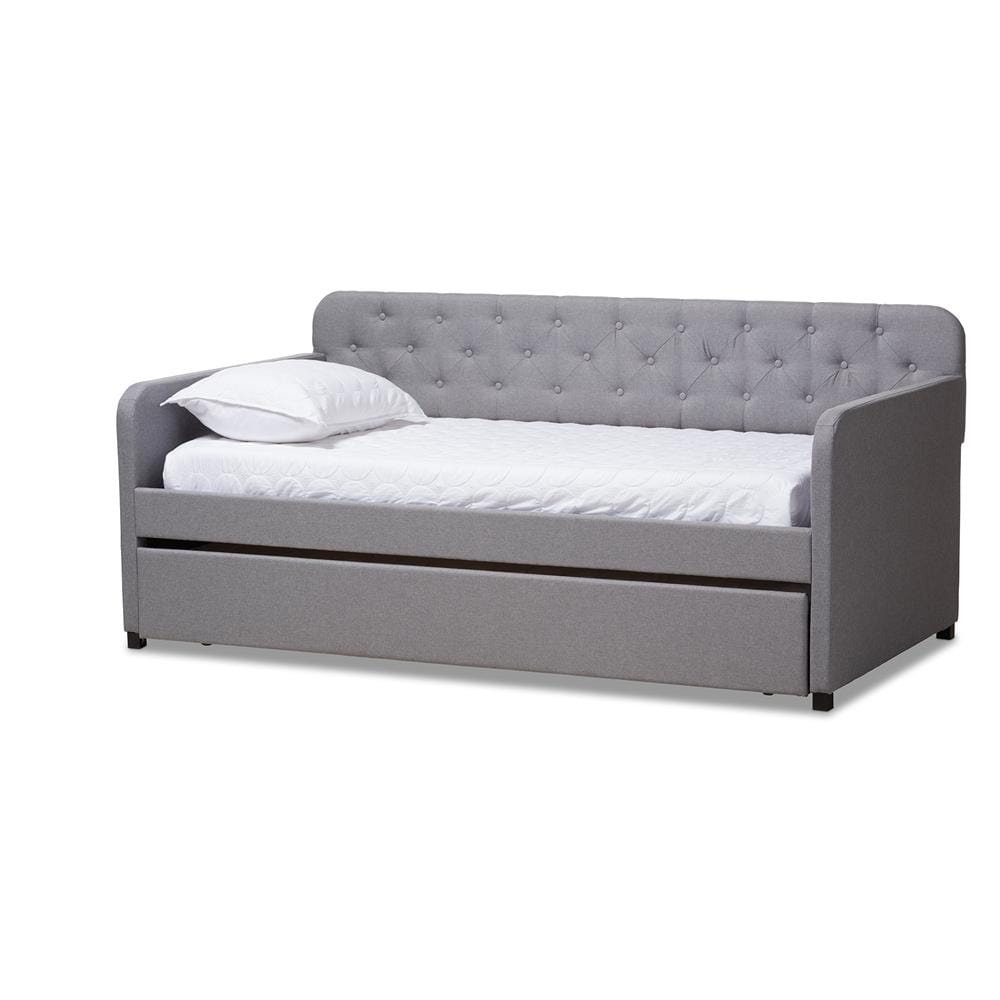 Baxton Studios Daybed Baxton Studio Camelia Modern and Contemporary Beige Fabric Upholstered Button-Tufted Twin Size Sofa Daybed with Roll-out Trundle Guest Bed