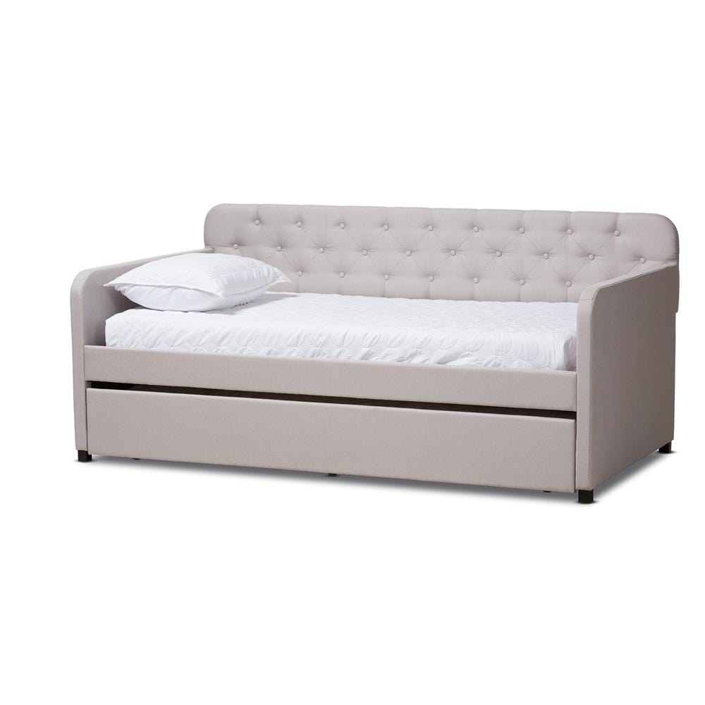 Baxton Studios Daybed Baxton Studio Camelia Modern and Contemporary Beige Fabric Upholstered Button-Tufted Twin Size Sofa Daybed with Roll-out Trundle Guest Bed