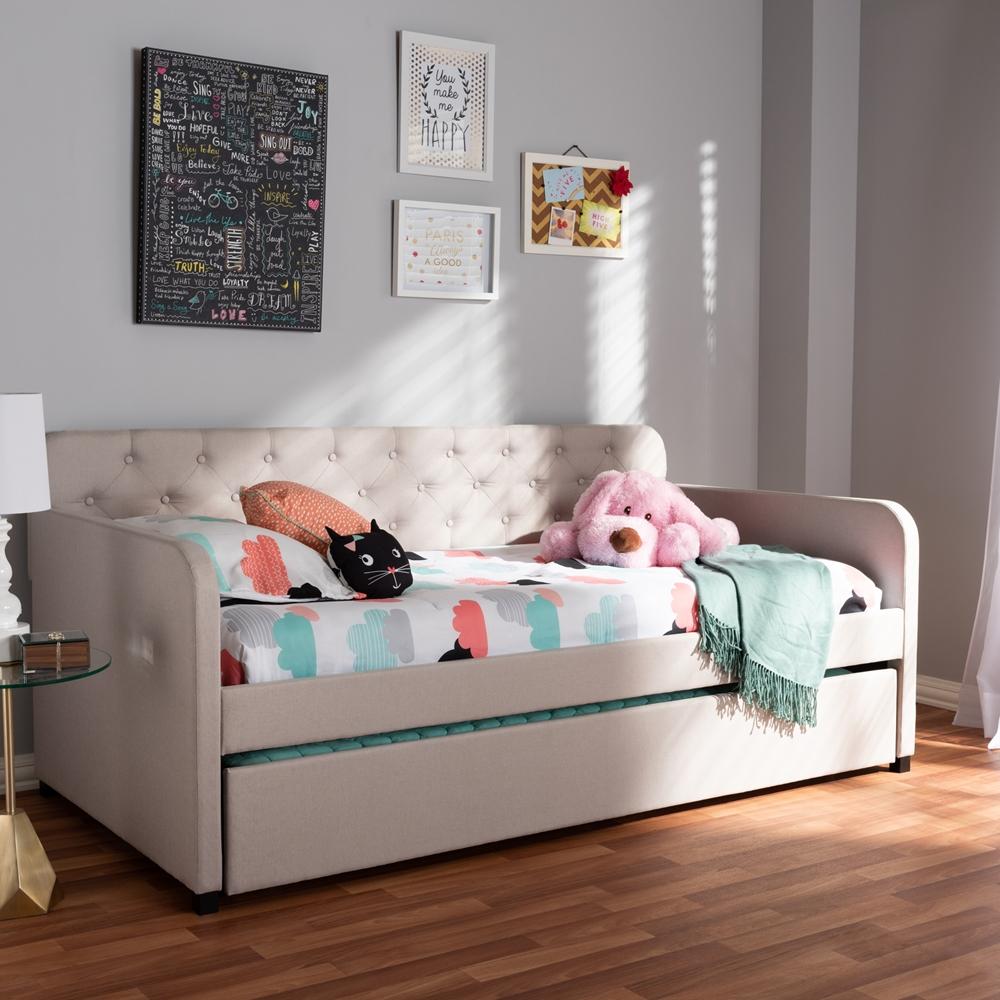 Baxton Studios Daybed Baxton Studio Camelia Modern and Contemporary Beige Fabric Upholstered Button-Tufted Twin Size Sofa Daybed with Roll-out Trundle Guest Bed