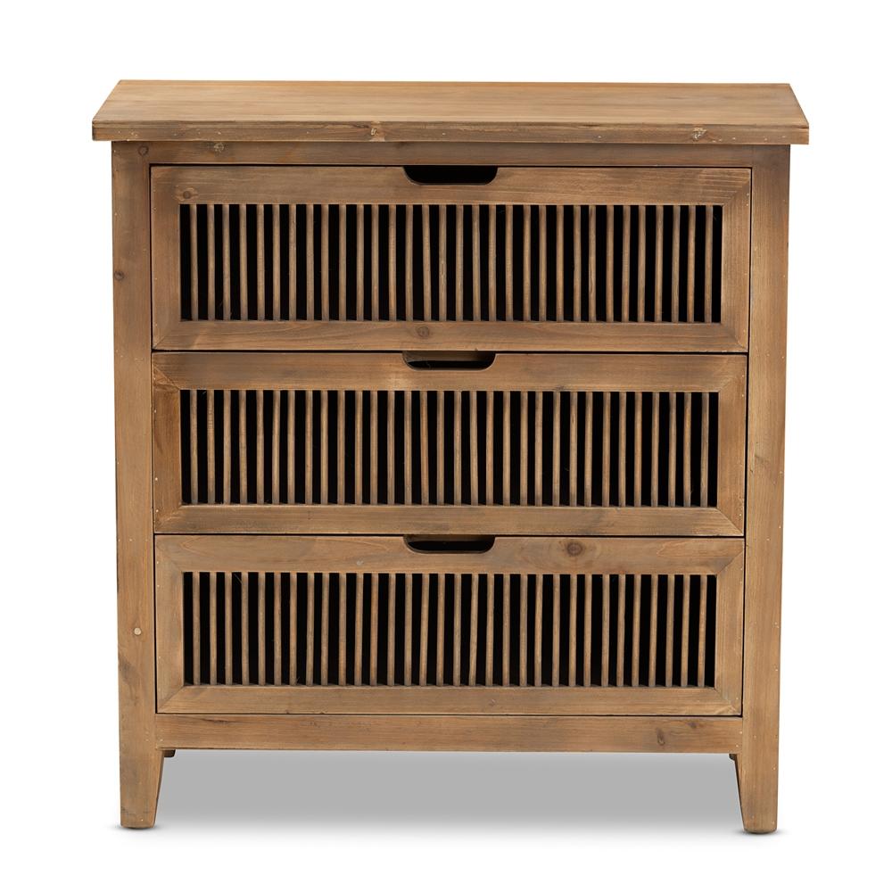 Baxton Studios Chests Baxton Studio Clement Rustic Transitional Medium Oak Finished 3 Drawer Wood Spindle Chest