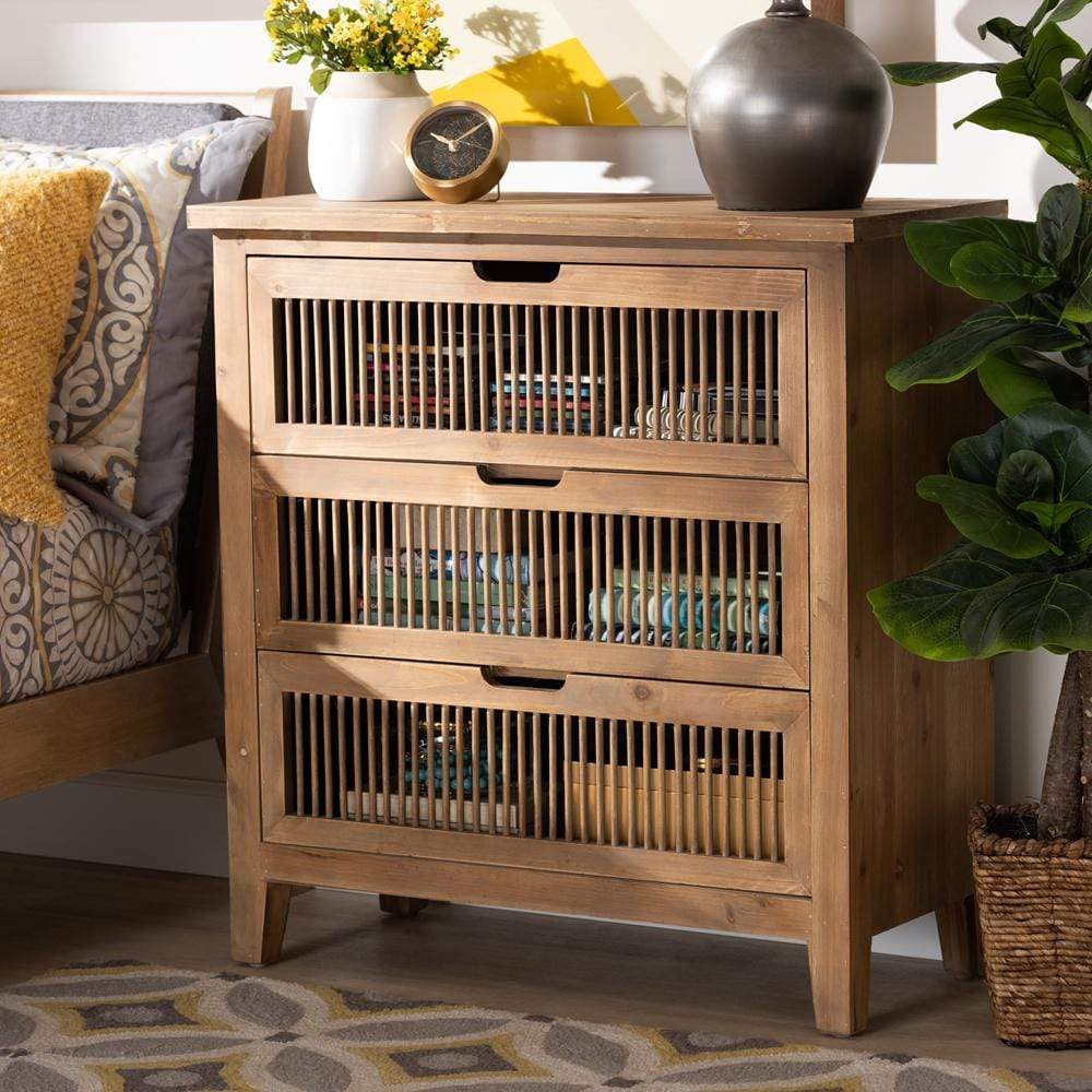 Baxton Studios Chests Baxton Studio Clement Rustic Transitional Medium Oak Finished 3 Drawer Wood Spindle Chest