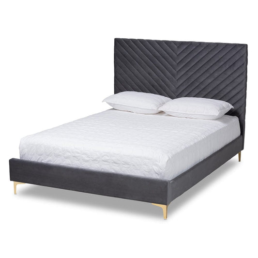 Baxton Studio Baxton Studio Fabrico Grey Velvet Fabric and Gold Metal Full Platform Bed Full BBT61079-Grey Velvet/Gold-Full