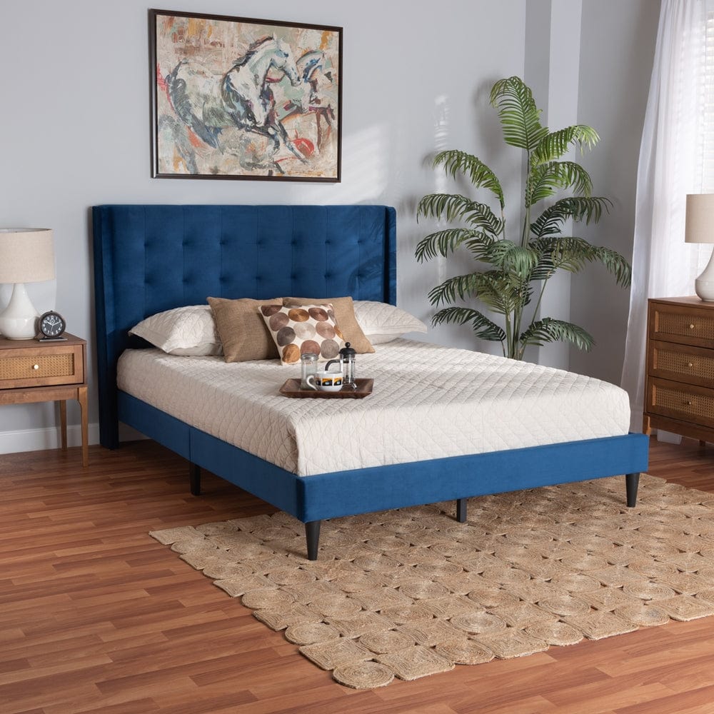 Baxton Studio Baxton Studio Gothard Modern and Contemporary Navy Blue Velvet Fabric Upholstered and Dark Brown Finished Wood Platform Bed