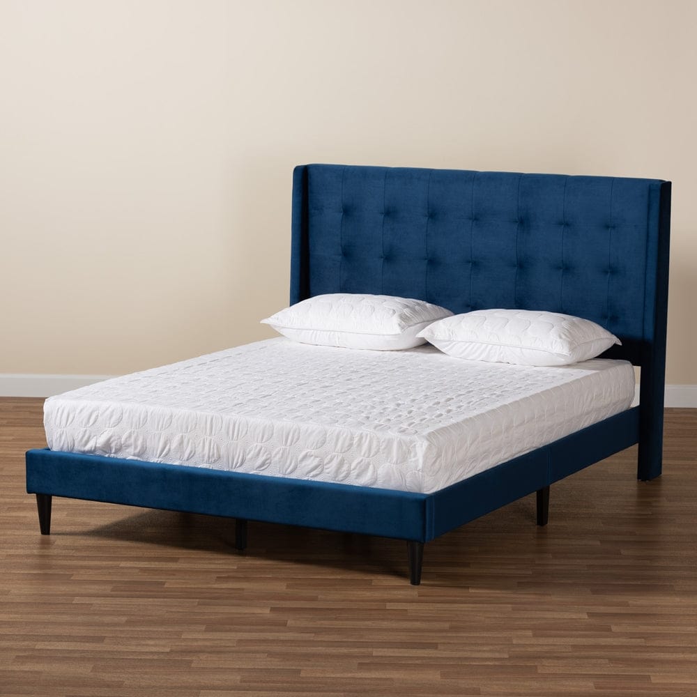 Baxton Studio Baxton Studio Gothard Modern and Contemporary Navy Blue Velvet Fabric Upholstered and Dark Brown Finished Wood Platform Bed