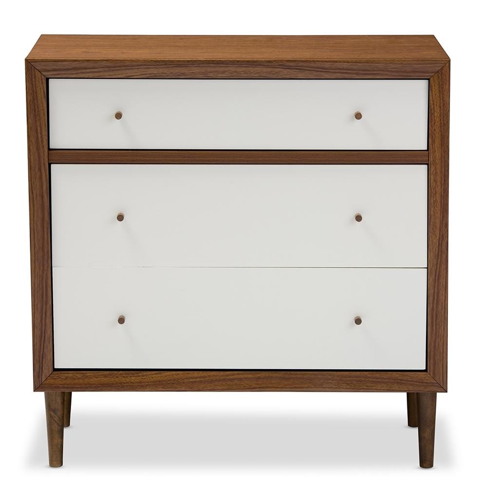 The Bedroom Emporium Baxton Studio Harlow Mid-Century Modern Scandinavian Style White and Walnut Wood 3-Drawer Chest