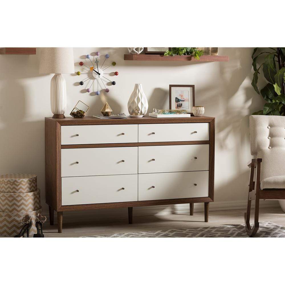 The Bedroom Emporium Baxton Studio Harlow Mid-Century Modern Scandinavian Style White and Walnut Wood 6-Drawer Storage Dresser