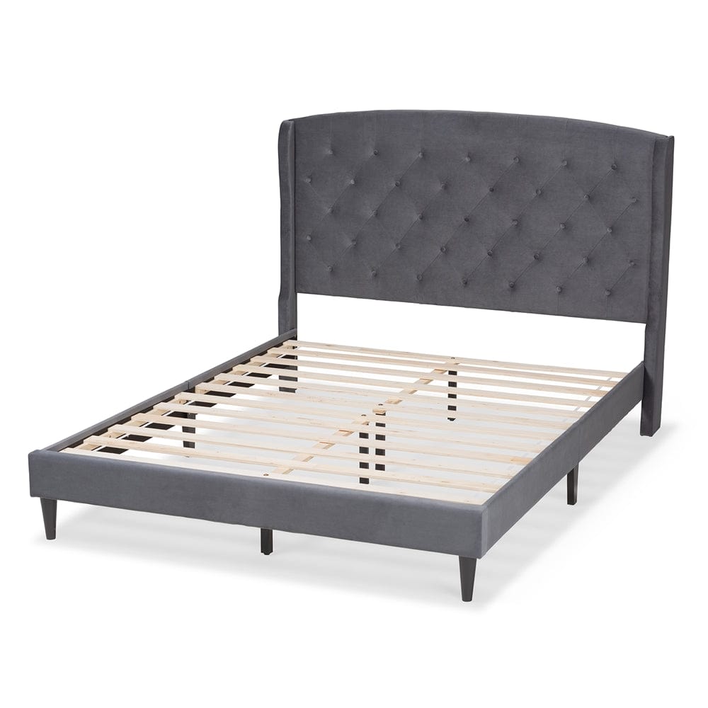 Baxton Studio Baxton Studio Joanna Modern and Contemporary Grey Velvet Fabric Upholstered and Dark Brown Finished Wood Platform Bed