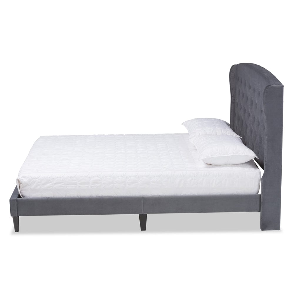 Baxton Studio Baxton Studio Joanna Modern and Contemporary Grey Velvet Fabric Upholstered and Dark Brown Finished Wood Platform Bed