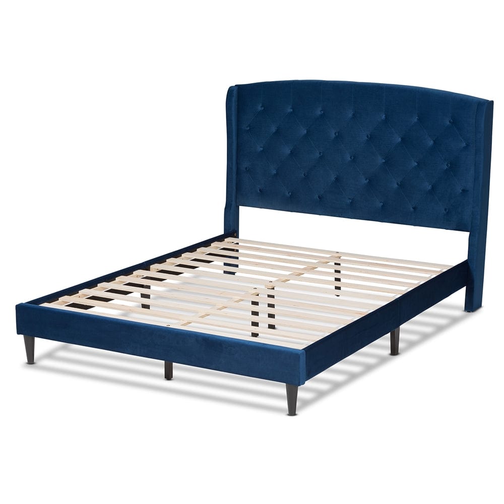 Baxton Studio Baxton Studio Joanna Modern and Contemporary Navy Blue Velvet Fabric Upholstered and Dark Brown Finished Wood Platform Bed