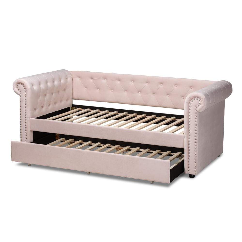 Baxton Studios Daybed Baxton Studio Mabelle Modern and Contemporary Light Pink Velvet Upholstered Daybed with Trundle