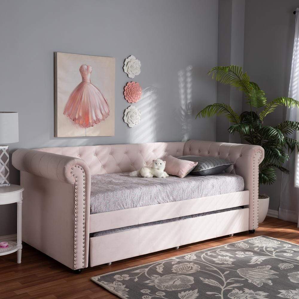 Baxton Studios Daybed Baxton Studio Mabelle Modern and Contemporary Light Pink Velvet Upholstered Daybed with Trundle