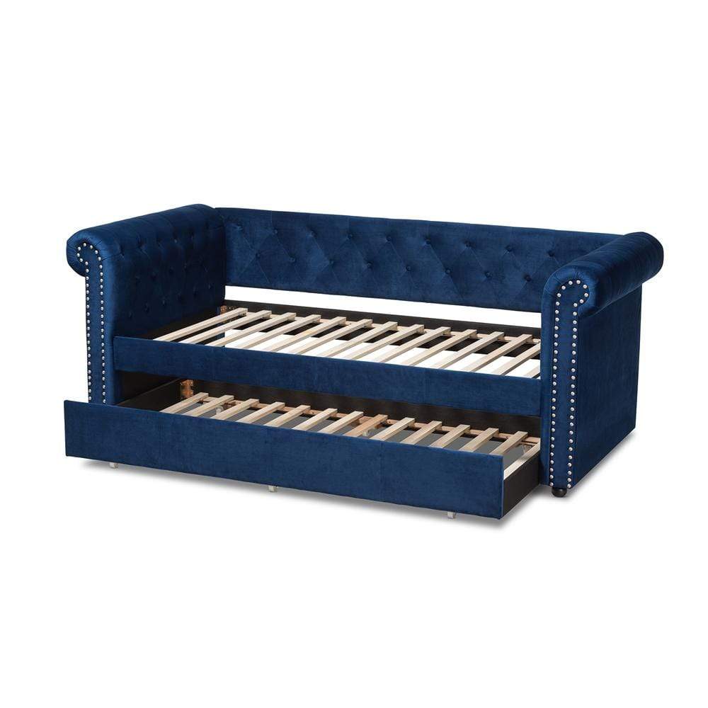 Baxton Studios Daybed Baxton Studio Mabelle Modern and Contemporary Navy Blue Velvet Upholstered Daybed with Trundle