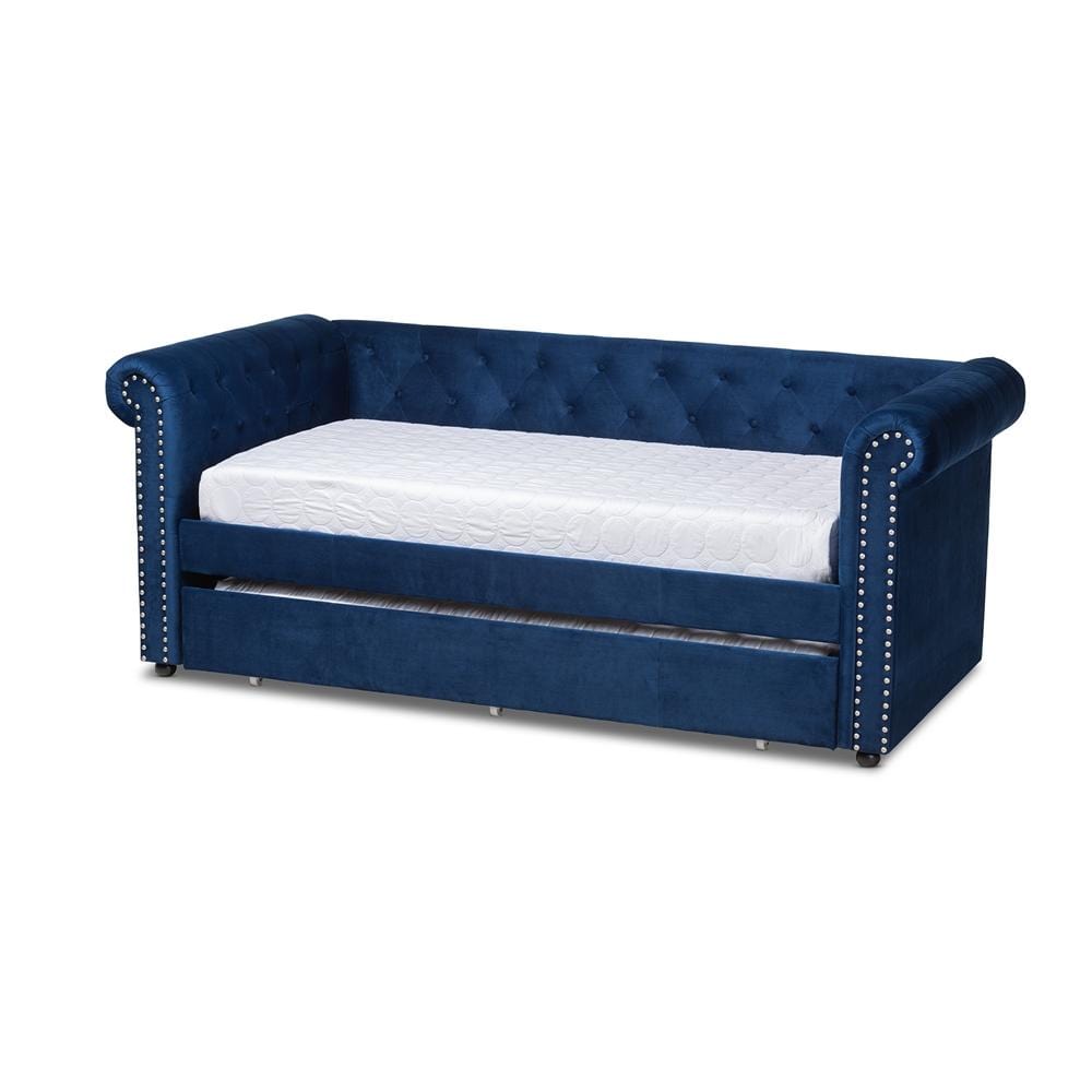 Baxton Studios Daybed Baxton Studio Mabelle Modern and Contemporary Navy Blue Velvet Upholstered Daybed with Trundle