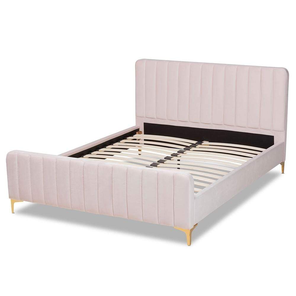 Baxton Studios Bed Baxton Studio Nami Modern Contemporary Glam and Luxe Light Pink Velvet Fabric Upholstered and Gold Finished King Size Platform Bed