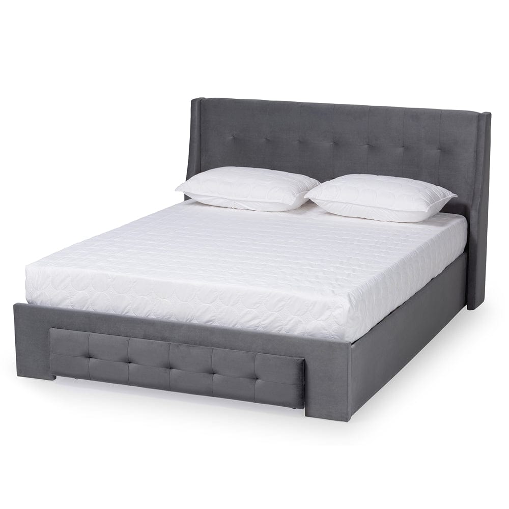 Baxton Studio Baxton Studio Noella Modern and Contemporary Grey Velvet Fabric Upholstered Queen Size 1-Drawer Platform Storage Bed DV19812-Grey Velvet-Queen