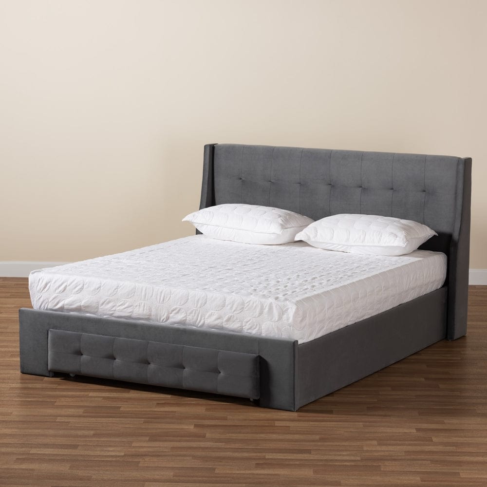 Baxton Studio Baxton Studio Noella Modern and Contemporary Grey Velvet Fabric Upholstered Queen Size 1-Drawer Platform Storage Bed DV19812-Grey Velvet-Queen