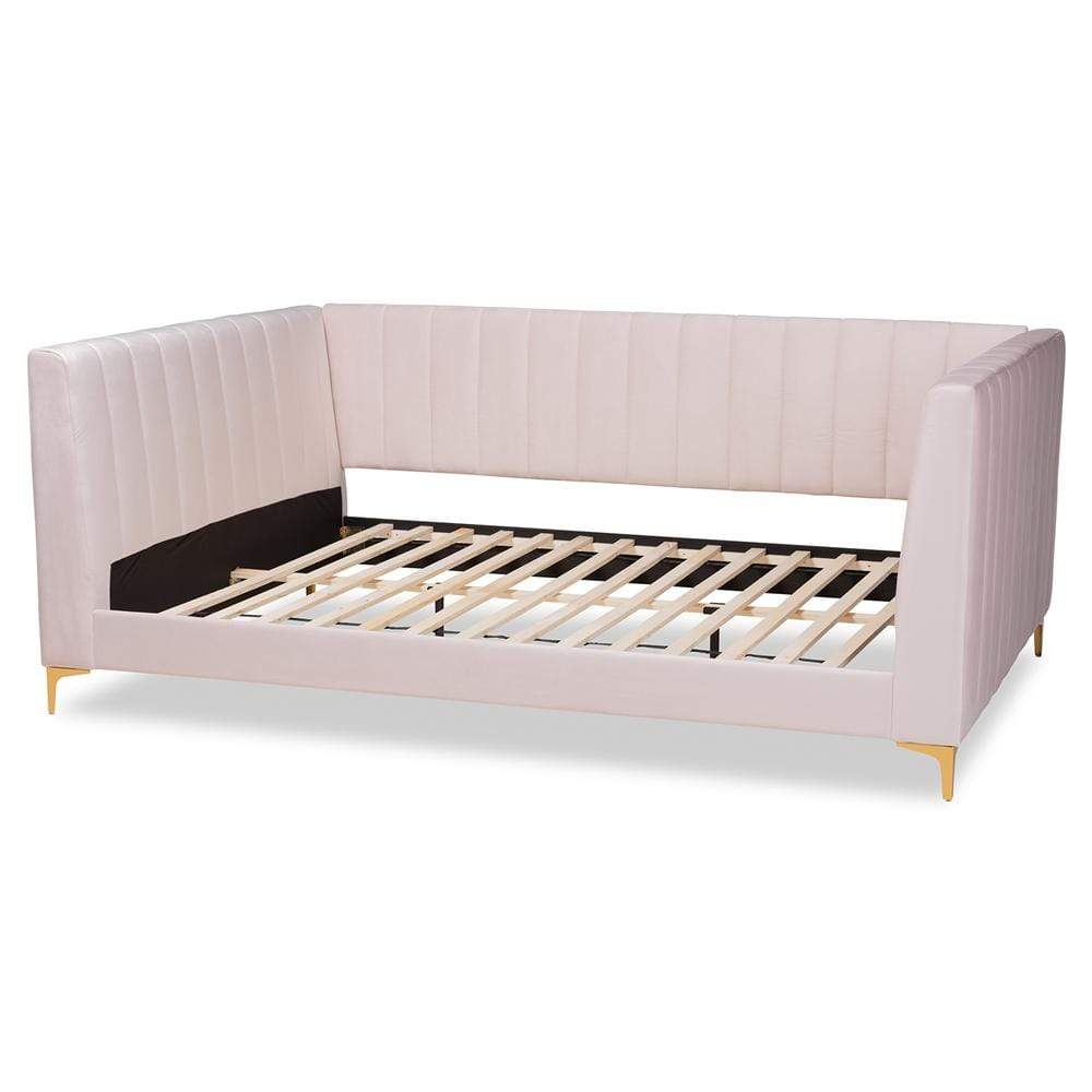 Baxton Studios Daybed Baxton Studio Oksana Modern Contemporary Glam and Luxe Light Pink Velvet Fabric Upholstered and Gold Finished Queen Size Daybed