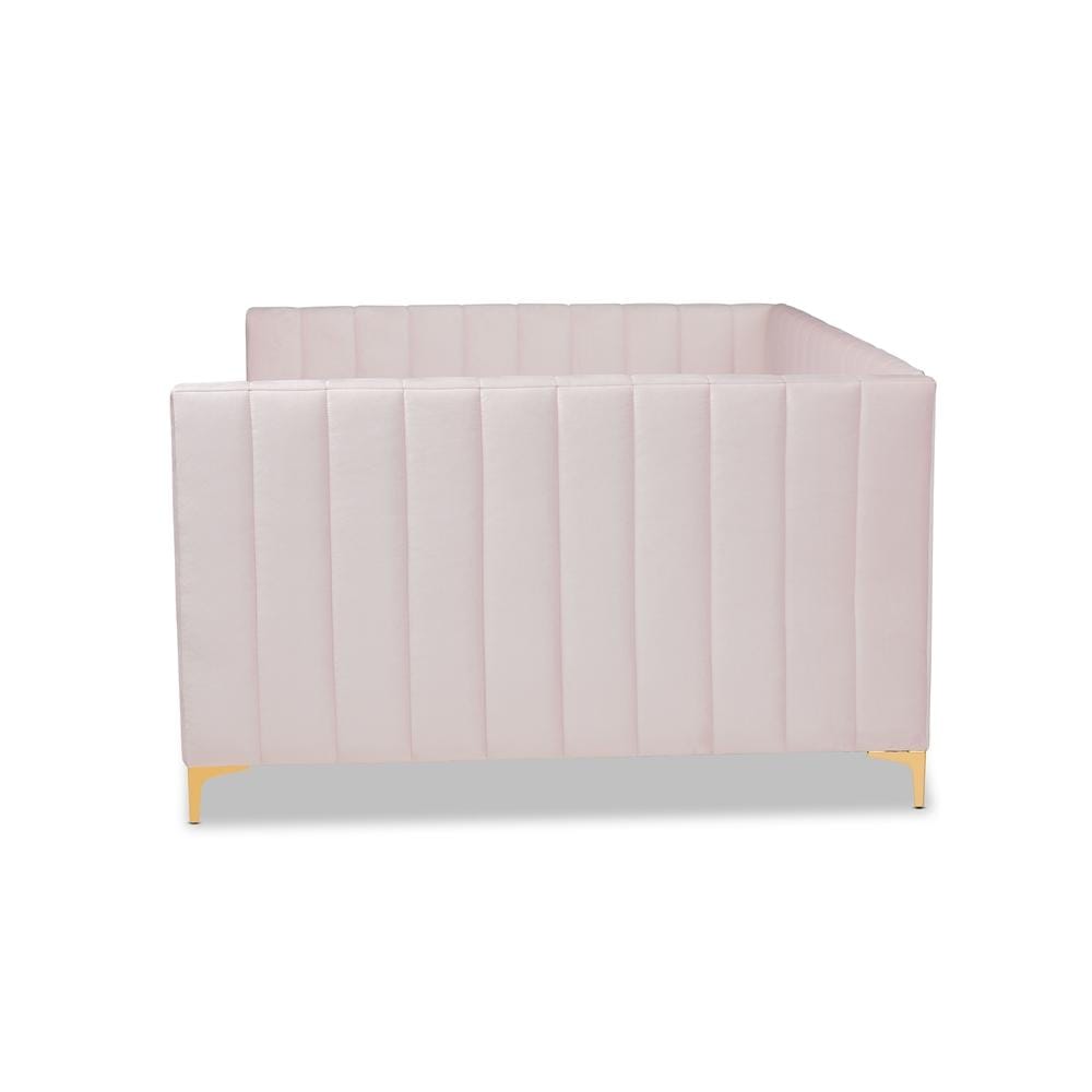 Baxton Studios Daybed Baxton Studio Oksana Modern Contemporary Glam and Luxe Light Pink Velvet Fabric Upholstered and Gold Finished Queen Size Daybed