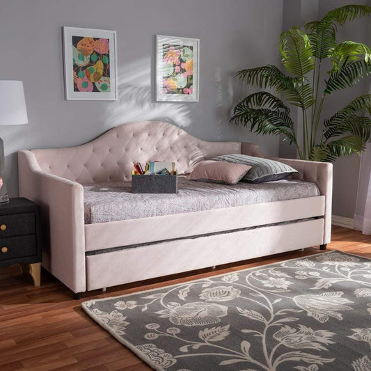 Baxton Studios Daybed Baxton Studio Perry Modern and Contemporary Light Pink Velvet Fabric Upholstered and Button Tufted Twin Size Daybed with Trundle