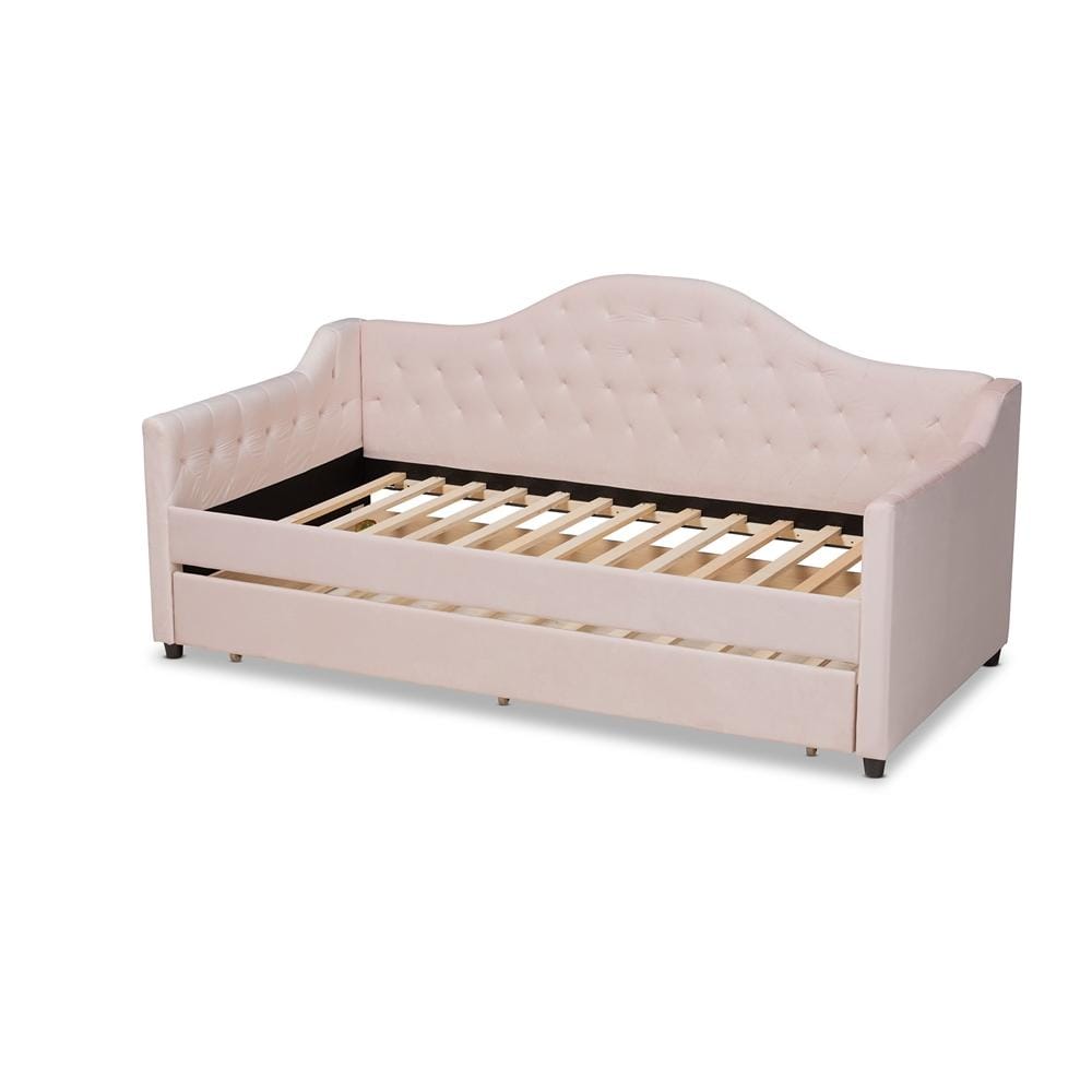 Baxton Studios Daybed Baxton Studio Perry Modern and Contemporary Light Pink Velvet Fabric Upholstered and Button Tufted Twin Size Daybed with Trundle