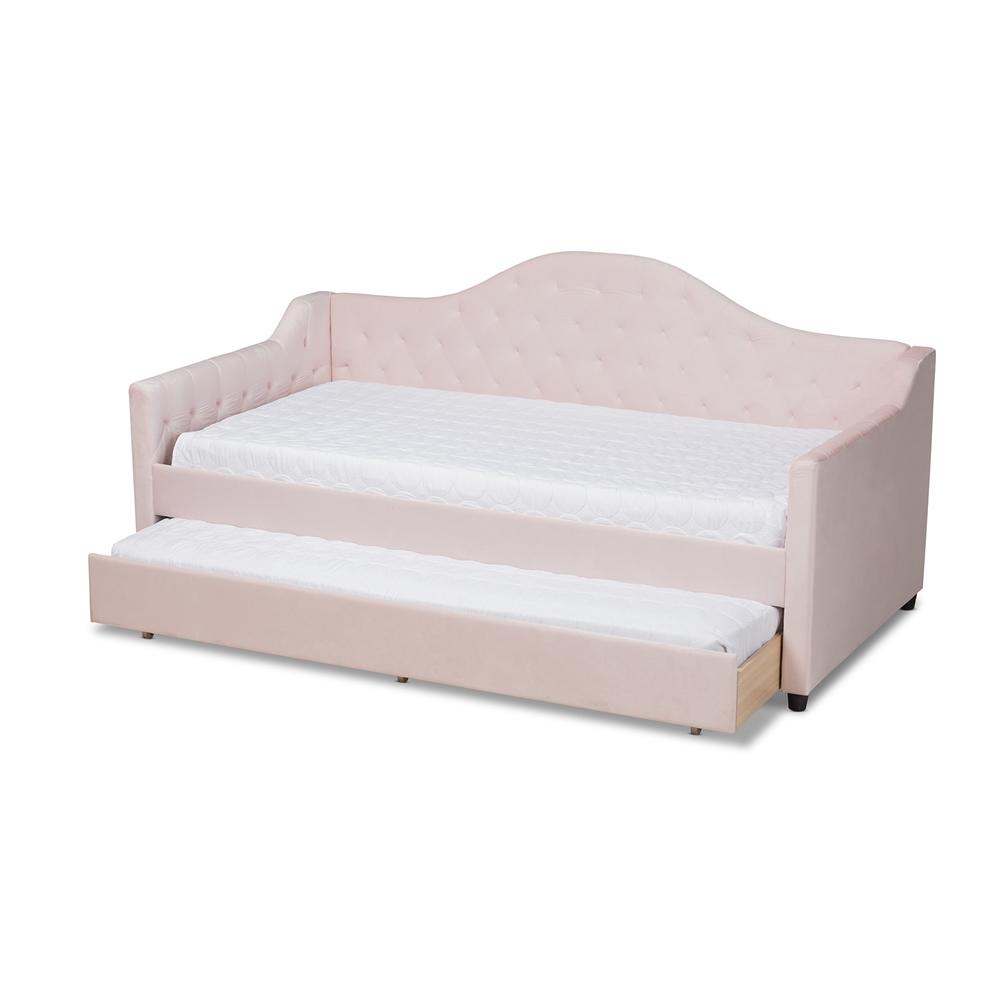 Baxton Studios Daybed Baxton Studio Perry Modern and Contemporary Light Pink Velvet Fabric Upholstered and Button Tufted Twin Size Daybed with Trundle