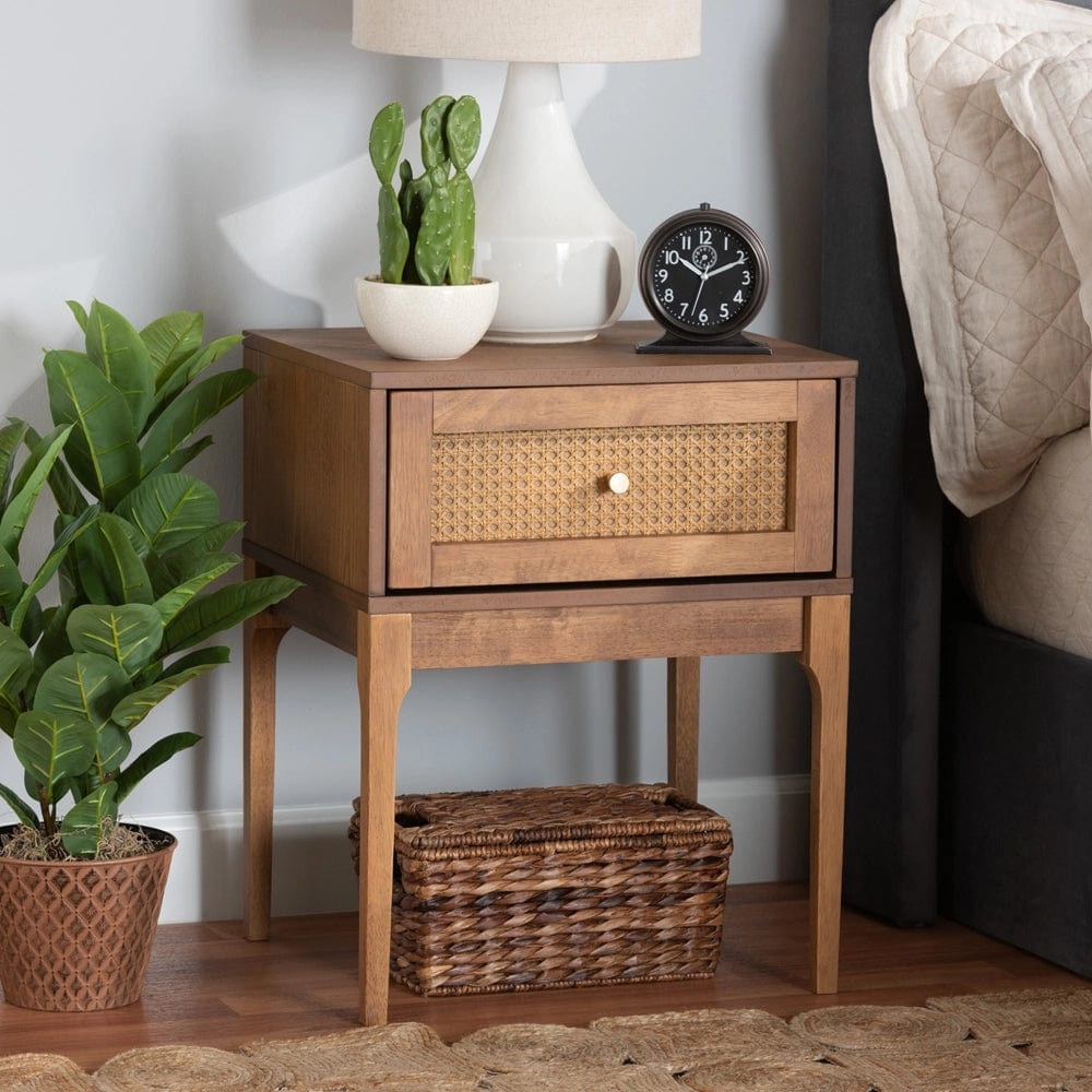 Baxton Studio Baxton Studio Ramiel Mid-Century Modern Ash Walnut Finished Wood and Rattan 1-Drawer Nightstand MG9005-Ash Walnut/Rattan-NS