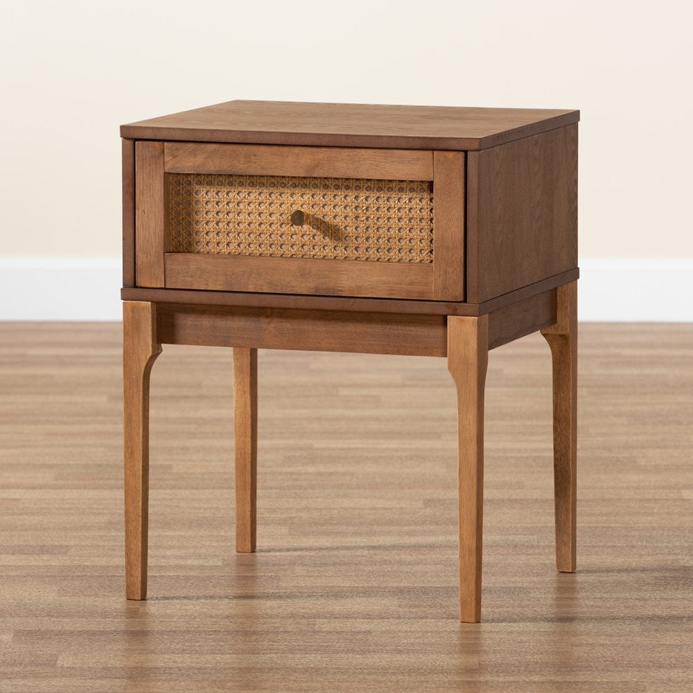 Baxton Studio Baxton Studio Ramiel Mid-Century Modern Ash Walnut Finished Wood and Rattan 1-Drawer Nightstand MG9005-Ash Walnut/Rattan-NS