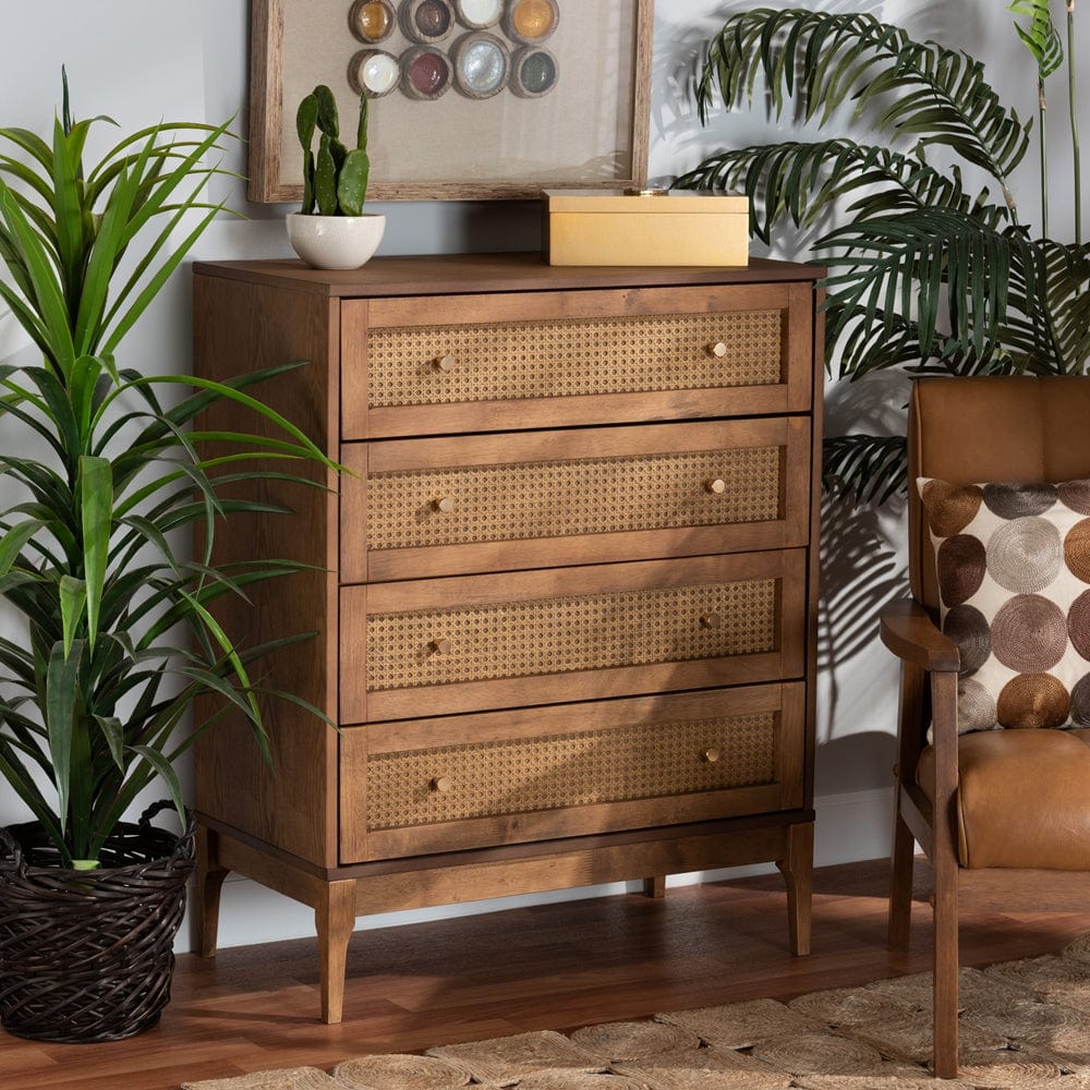 Baxton Studio Baxton Studio Ramiel Mid-Century Modern Ash Walnut Finished Wood and Rattan 4-Drawer Chest MG9005-Ash Walnut/Rattan-4DW-Chest