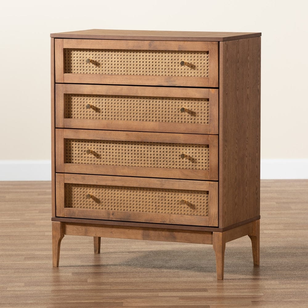 Baxton Studio Baxton Studio Ramiel Mid-Century Modern Ash Walnut Finished Wood and Rattan 4-Drawer Chest MG9005-Ash Walnut/Rattan-4DW-Chest