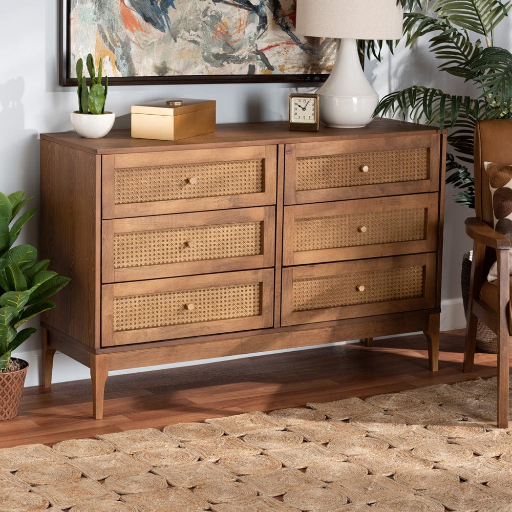 Baxton Studio Baxton Studio Ramiel Mid-Century Modern Ash Walnut Finished Wood and Rattan 6-Drawer Dresser MG9005-Ash Walnut/Rattan-6DW-Dresser