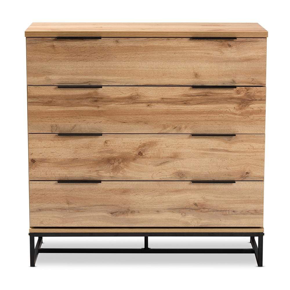 Baxton Studios Dresser Baxton Studio Reid Modern and Contemporary Industrial Oak Finished Wood and Black Metal 4-Drawer Dresser