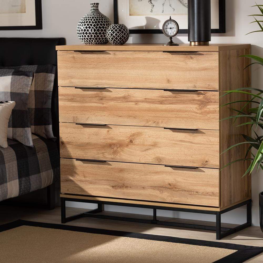 Baxton Studios Dresser Baxton Studio Reid Modern and Contemporary Industrial Oak Finished Wood and Black Metal 4-Drawer Dresser