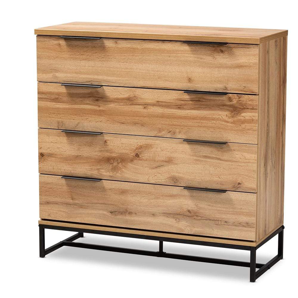 Baxton Studios Dresser Baxton Studio Reid Modern and Contemporary Industrial Oak Finished Wood and Black Metal 4-Drawer Dresser