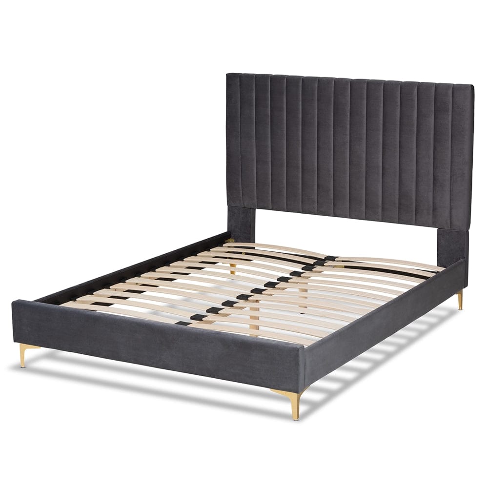 Baxton Studio Baxton Studio Serrano Grey Velvet Fabric and Gold Metal Queen Platform Bed