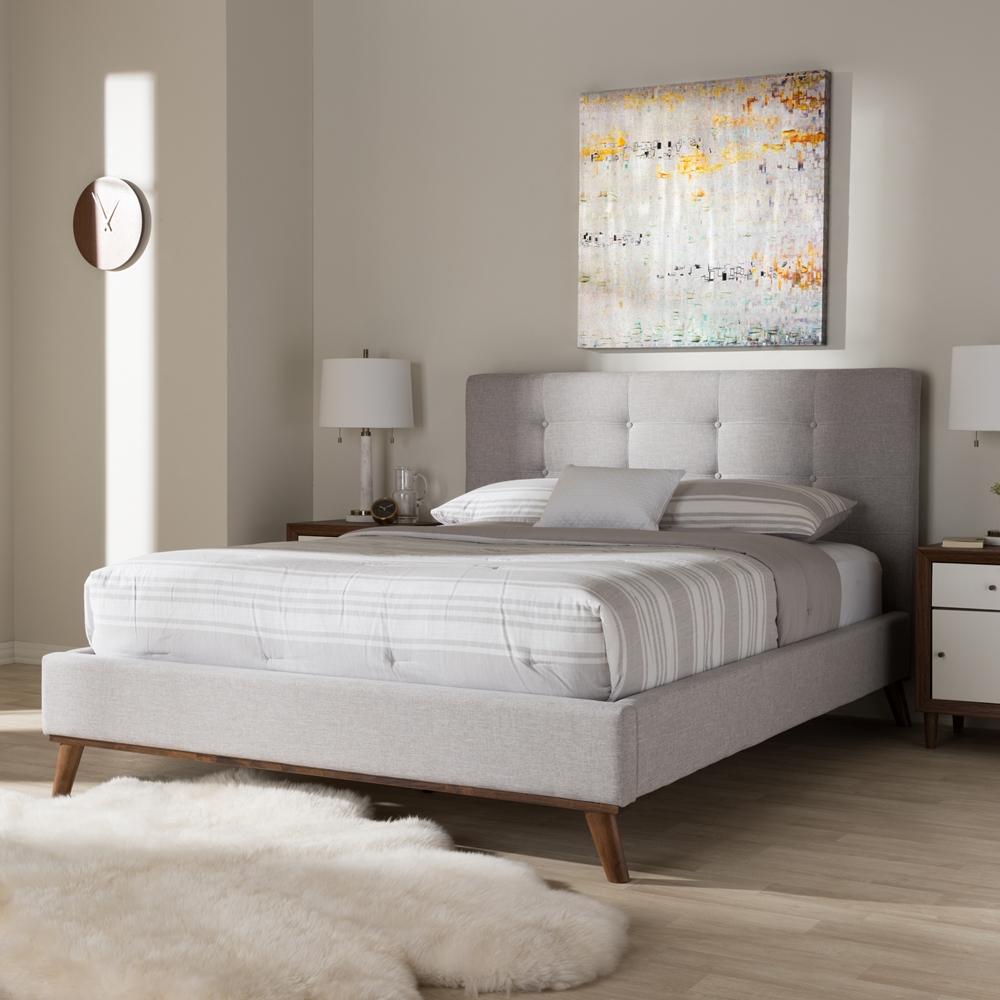 Baxton Studios Bed Queen Baxton Studio Valencia Mid-Century Modern Greyish Beige Fabric Queen Size Platform Bed