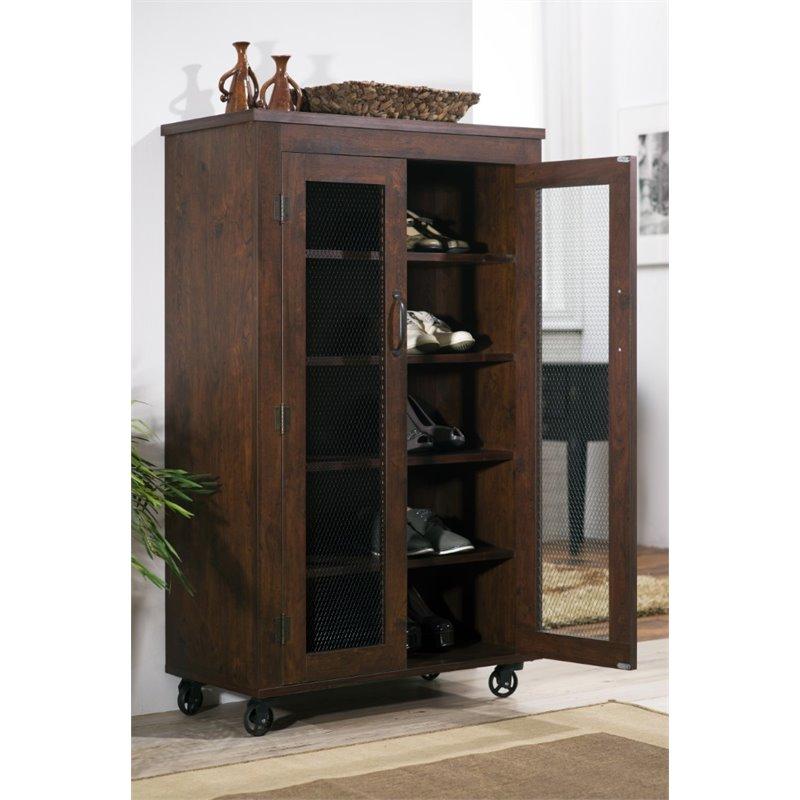 Furniture of America cabinet Vintage walnut Bailey Industrial style Shoe Cabinet in Vintage Walnut