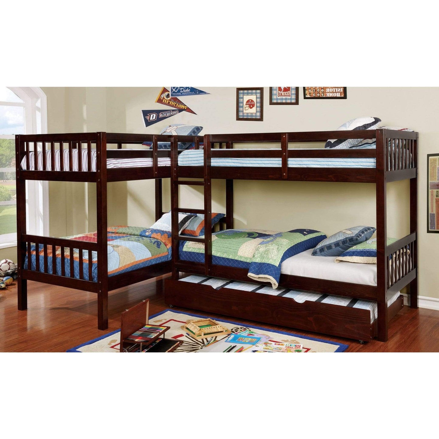 Furniture of America bunk bed Dan Transitional L Shaped Bunk Bed in Dark Walnut Dan Transitional L Shaped Quadruple Bunk Bed in Dark Walnut