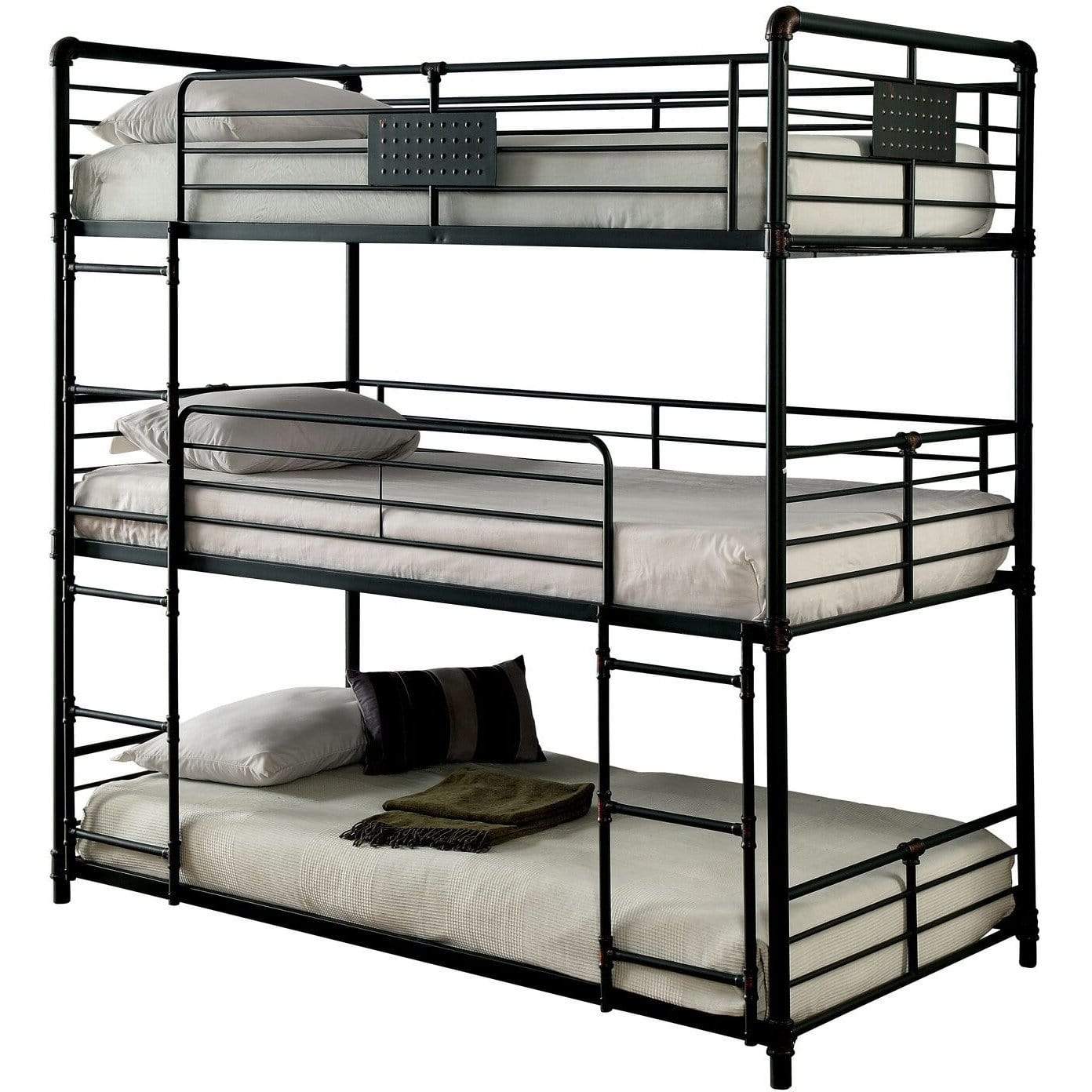 Furniture of America Bunk Bed Dillon Industrial Metal Twin Triple Bunk Bed in Sand Black